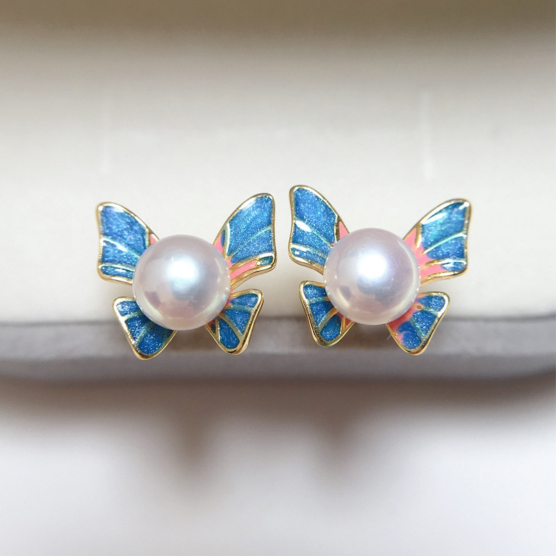 源产地诸暨天然淡水珍珠耳环女手绘滴釉珐琅宫廷蝴蝶耳钉18K包金