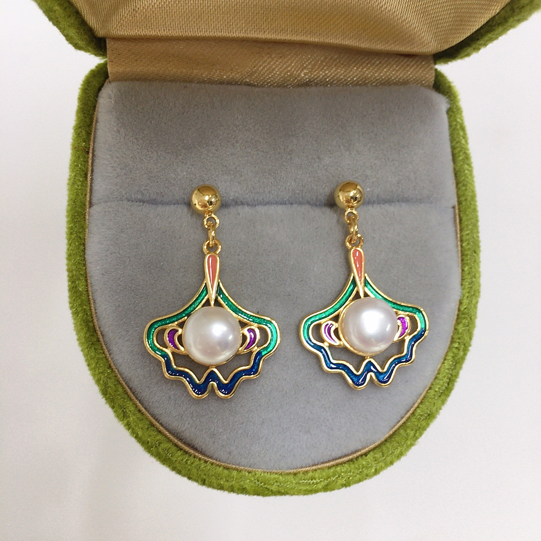 新中式天然淡水珍珠耳钉女景泰蓝如意珍珠耳环S925纯银耳针