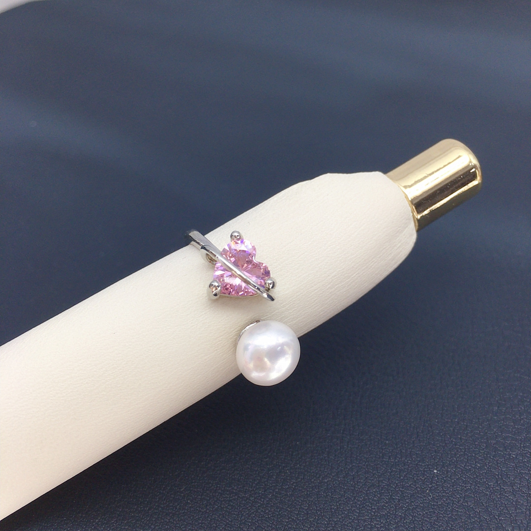 天然淡水珍珠戒指时尚简约粉色爱心锆石珍珠指环手饰女可调节