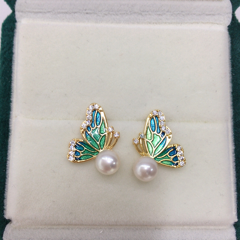 淡水珍珠耳环女珐琅彩蝴蝶珍珠耳钉S925纯银耳针