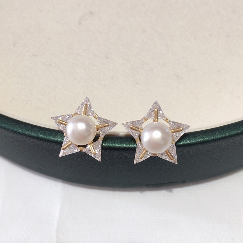 天然淡水珍珠耳钉女18K包金五角星锆石气质耳饰