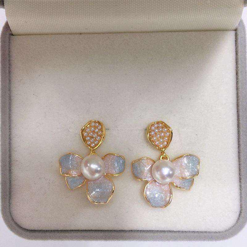 5A高亮天然淡水珍珠耳环女时尚蓝色海盐流沙珍珠耳钉S925纯银针