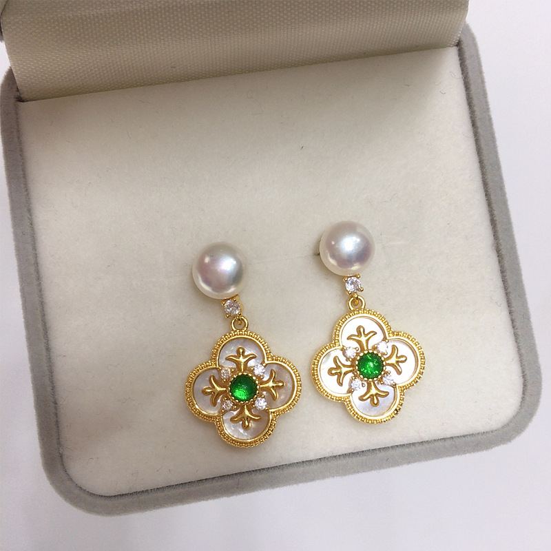 天然淡水珍珠耳钉女天然海贝绿玛瑙四叶草耳环高级感18K真金电镀