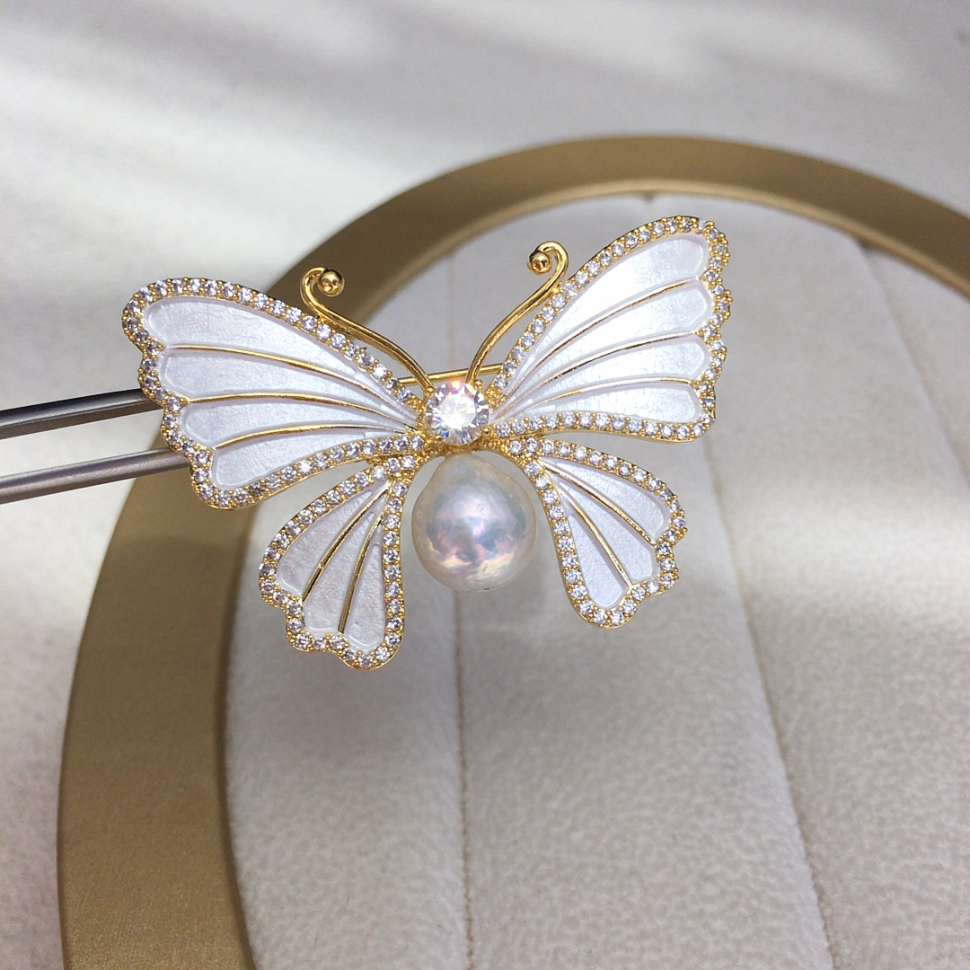 精工天然淡水珍珠烤漆蝴蝶圆形巴洛克优雅时尚胸针配饰彩镶锆石