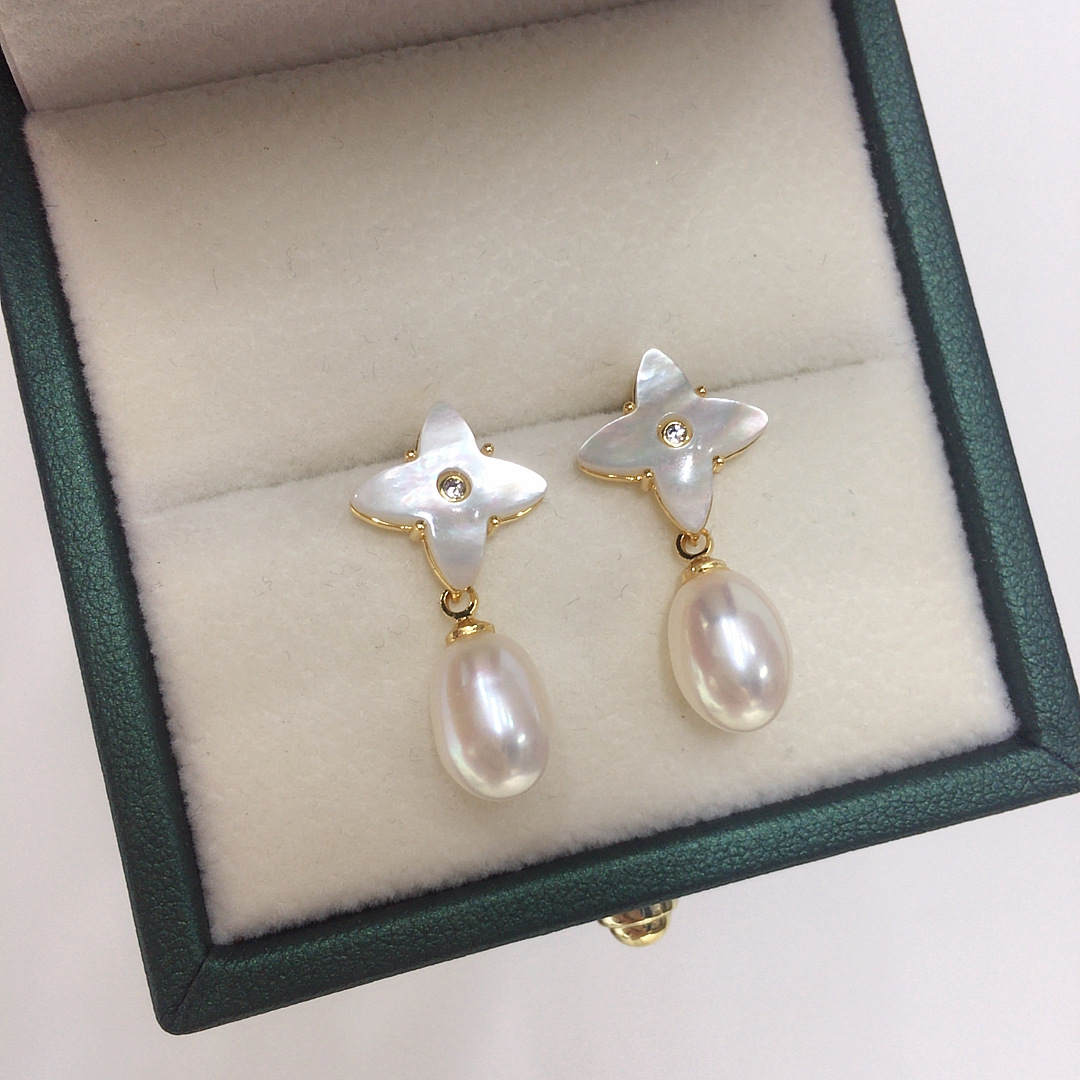 诸暨淡水珍珠耳钉女天然海贝贝母四叶草水滴形珍珠耳环S925纯银耳