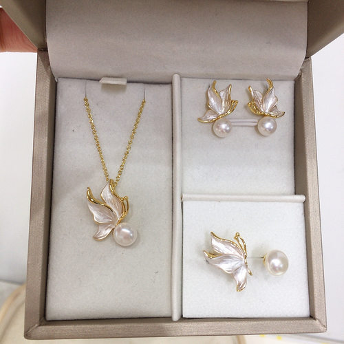 天然淡水珍珠套装磨砂蝴蝶珍珠耳环18K包金保色首饰耳环戒指项链