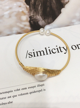 设计款绕丝手工大点位天然淡水珍珠手镯14K包金线小众手饰