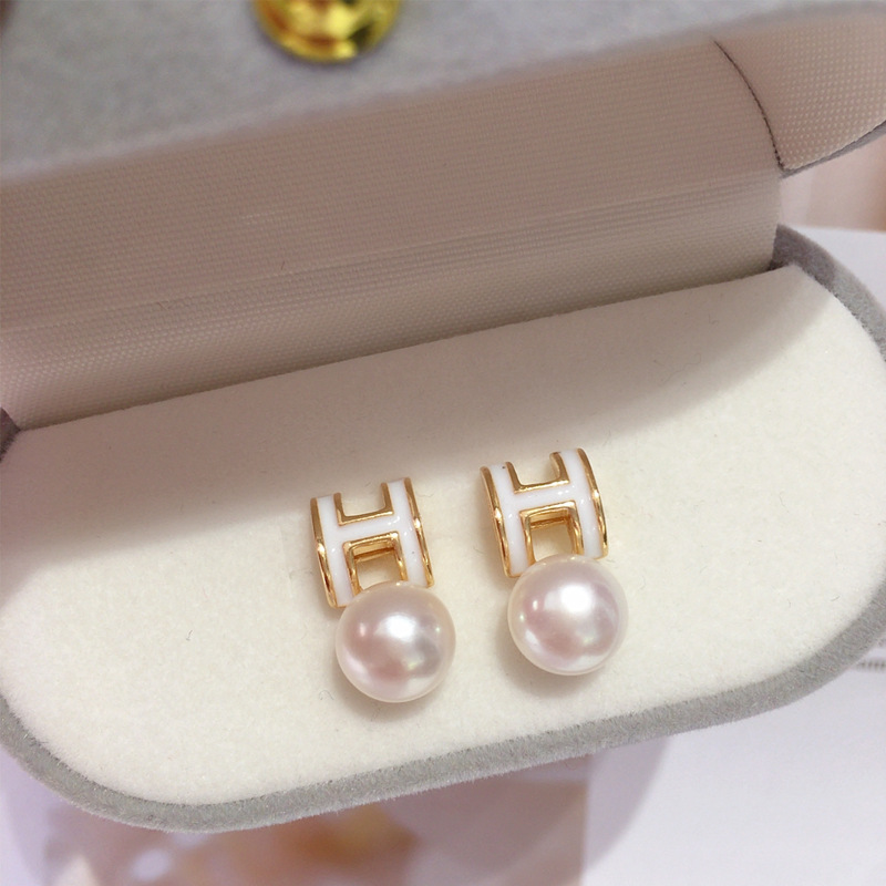 天然淡水珍珠耳环女18K包金轻奢高级风字母H珍珠耳钉耳饰诸暨