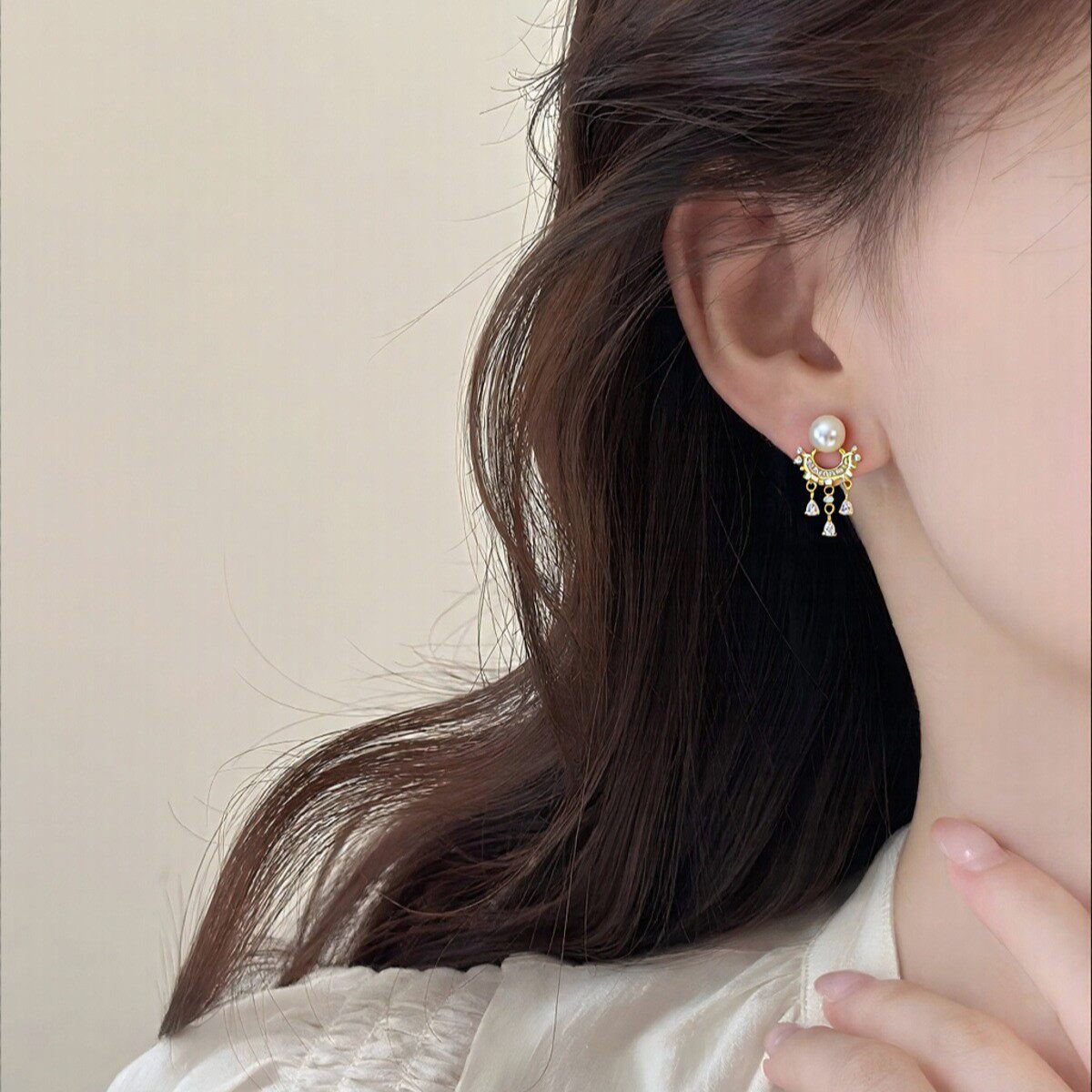 s925银针天然淡水珍珠耳钉微镶锆石流苏灵动款珍珠耳饰轻奢高级感