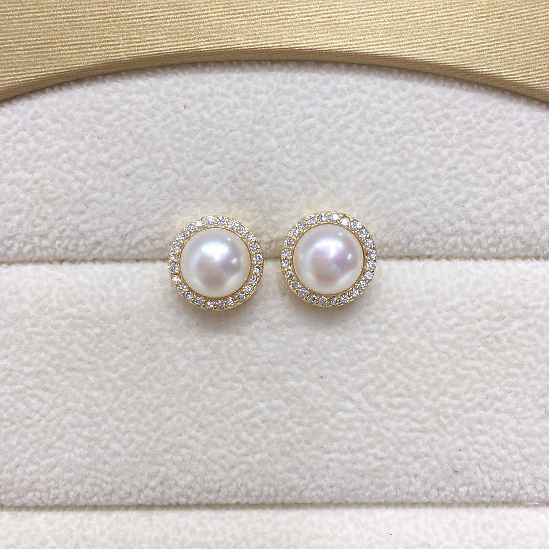 天然淡水珍珠耳钉女微镶锆石高级感简约圆形珍珠耳环网红