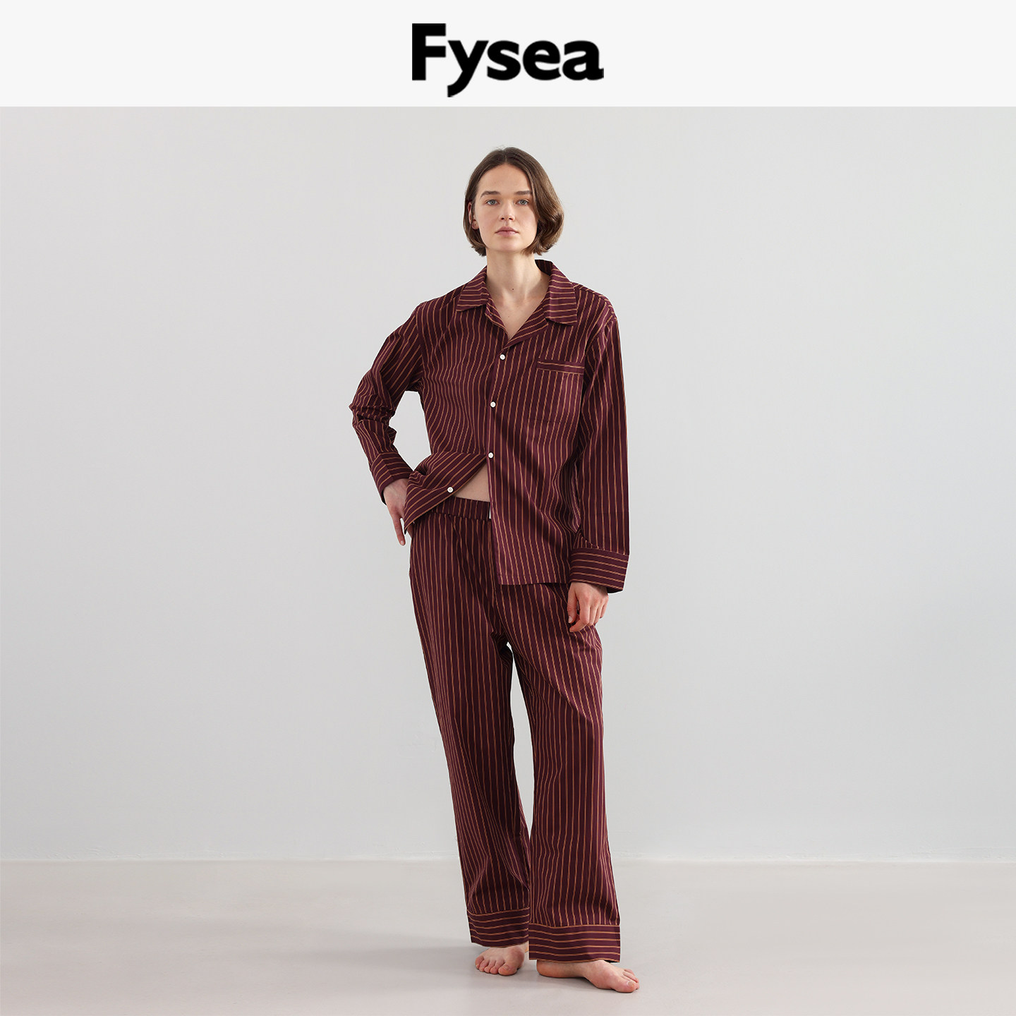 Fysea鎏金棕条纹度假睡衣纯棉套装长袖家居服长裤春秋情侣男女款
