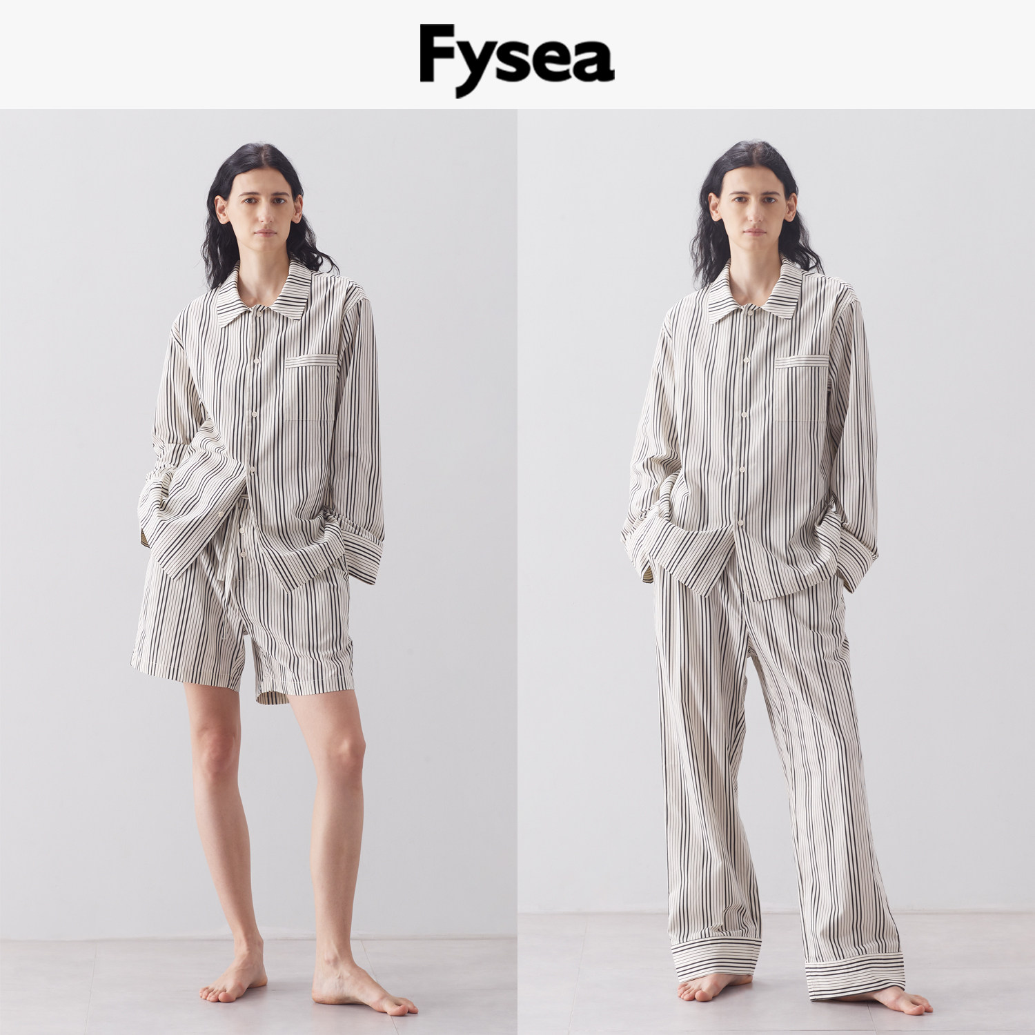 Fysea黑米定织条纹纯棉高级感家居服春秋睡衣三件套可外穿男女款