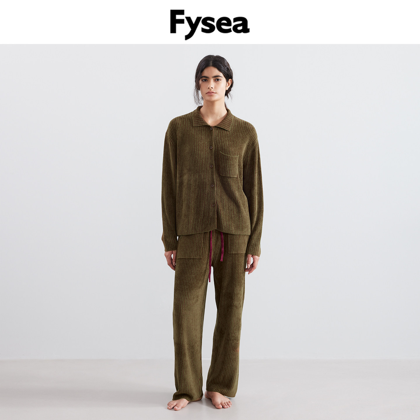 FyseaWinter丝绒绿条纹薄绒家居服套装天鹅绒睡衣保暖女26秋冬