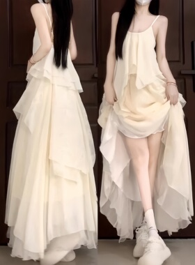 2025新款白色吊带洋装子女装夏季法式小个子海边度假不对称长裙