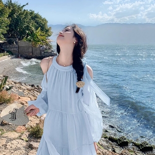海边度假连衣裙女夏季 气质绝美露肩沙滩裙 2025新款 甜美温柔风法式