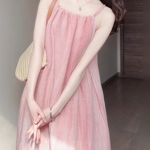 流行穿搭海边度假风长裙 法式 粉色吊带连衣裙子女2025夏季 新款 夏季