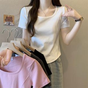 胖MM遮肉显瘦短款 大码 新款 不规则短袖 白色微胖正肩上衣 T恤女夏季