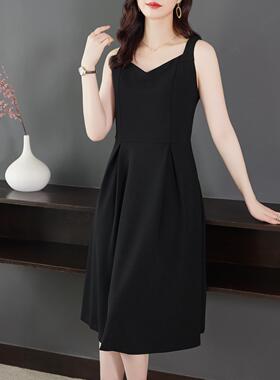 大码女装2025夏季新款胖mm显瘦遮肉无袖高级感黑色吊带连衣裙减龄