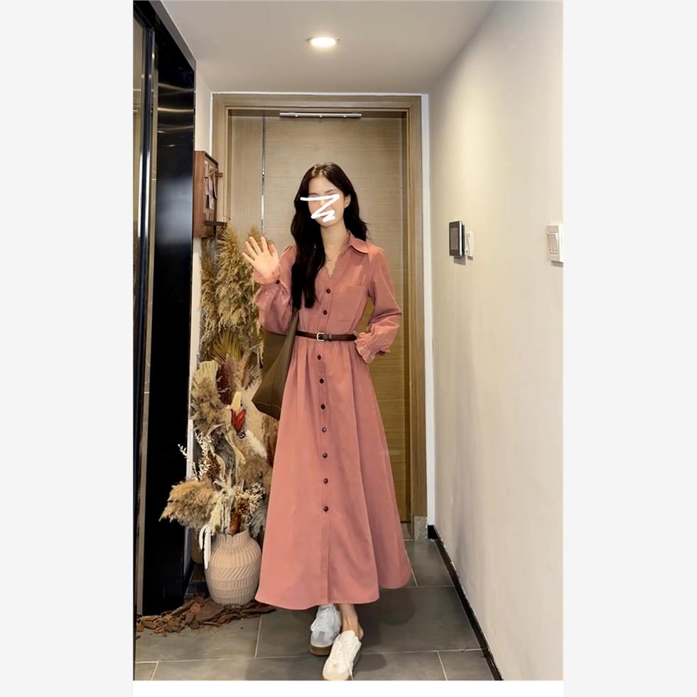 法式感粉色衬衫长袖连衣裙子女2025新款秋冬季小个子气质长裙