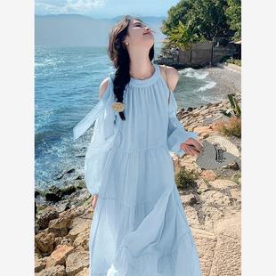 今年流行漂亮甜美露肩仙女裙子 浅蓝海边度假连衣裙女2024春夏新款