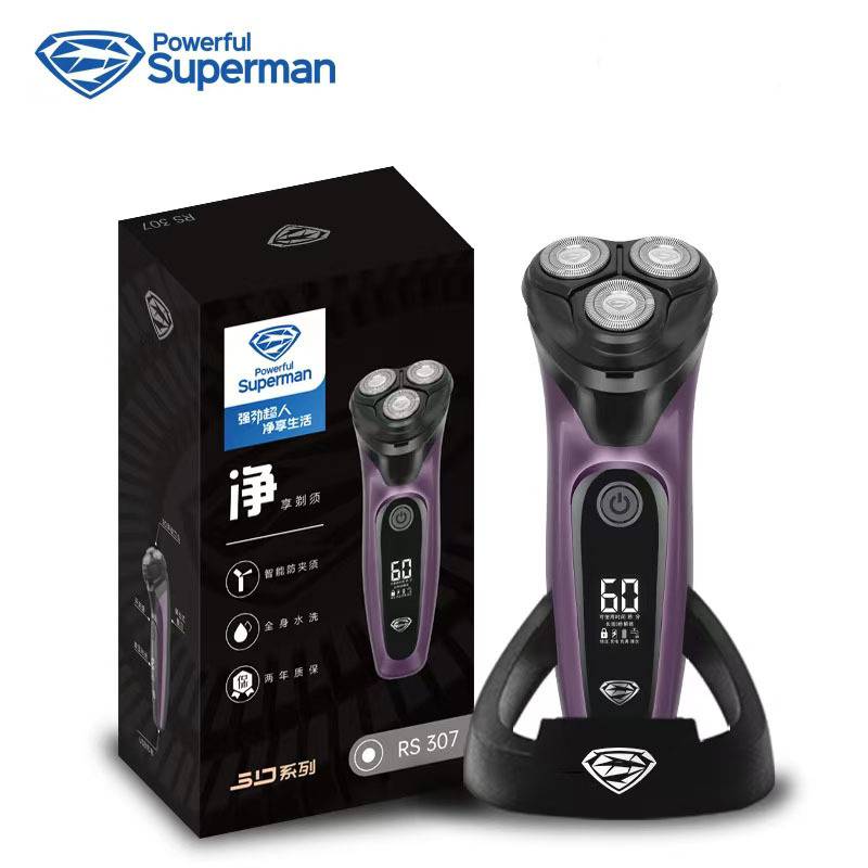 官方品牌超人剃须刀RS307数显电动刮胡刀全身水洗充电式三头男士