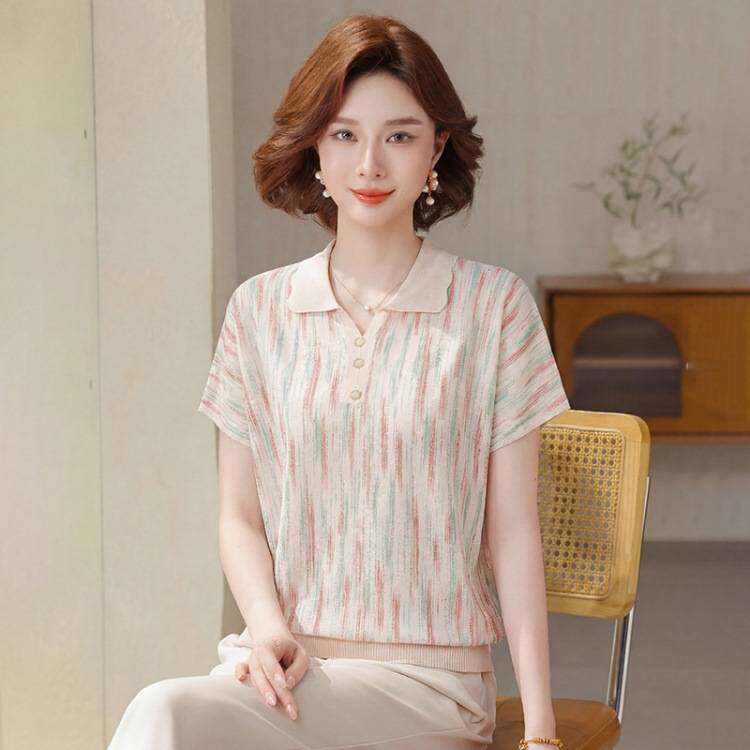专柜品牌2026年妈妈夏装新款短袖小衫中老年女装冰丝雪纺T恤上衣