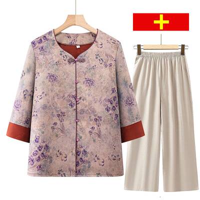 专柜品牌奶奶装夏季拼接袖口小衫套装妈妈国风唐装衬衫宽松休闲裤