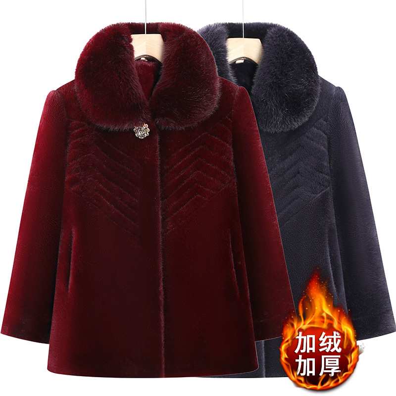 专柜品牌中老年人冬装女士仿貂绒大衣妈妈装加绒加厚带大毛领气质
