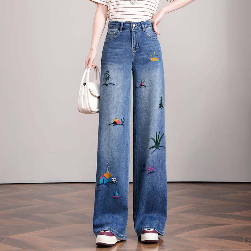 官方品牌蓝色窄版直筒刺绣牛仔裤女2026春夏季新款女裤高腰显瘦休