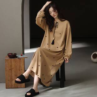 官方品牌春秋季女款带胸垫中长裙可外穿纯棉可外穿长袖宽松睡裙女