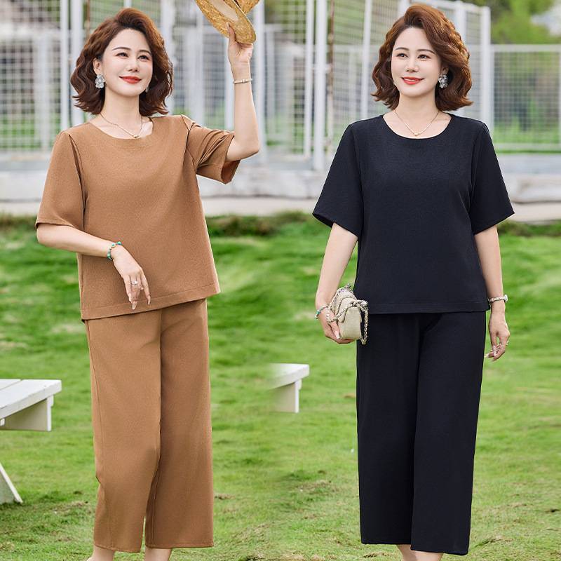 专柜品牌中年女装夏新款舒适休闲套装奶奶夏装宽松套头T恤衫七分