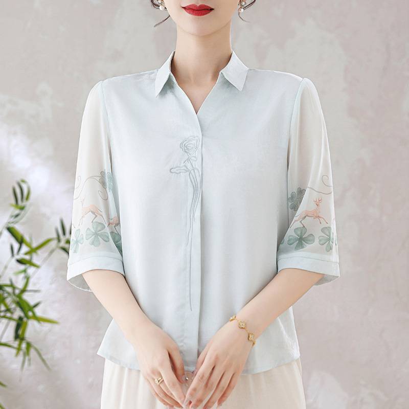专柜品牌妈妈夏装短袖T恤宽松百搭雪纺小衫中老年女装薄款衬衫仿