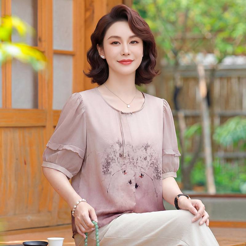 专柜品牌2026新款新中式雪纺衫女夏季印花妈妈装洋气宽松上衣套头