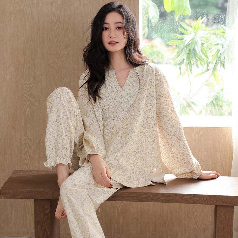 官方品牌2026年新款带胸垫睡衣女春秋季纯棉碎花长袖可外穿家居服