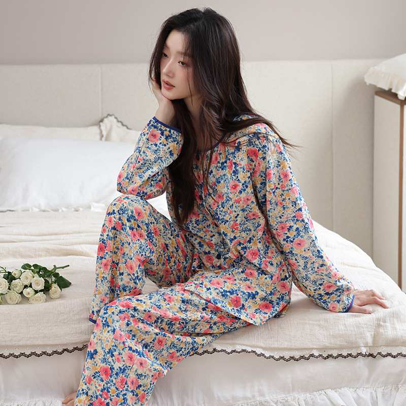 专柜品牌婴儿棉睡衣女士款春秋季纯棉长袖中年妈妈双层纱布全棉家