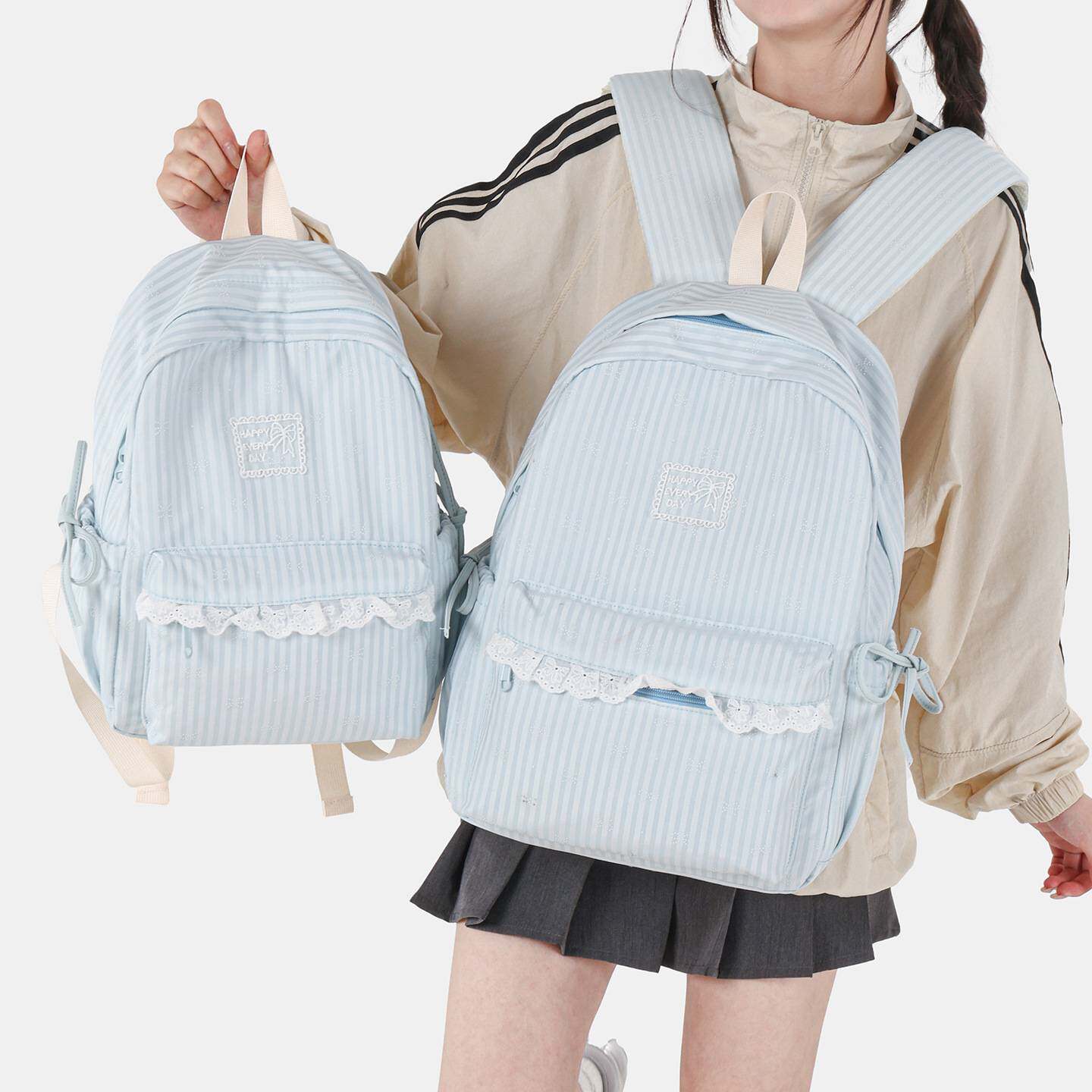 专柜品牌韩系浅蓝色温柔奶雾感花边双肩包女初高中学生书包女出游