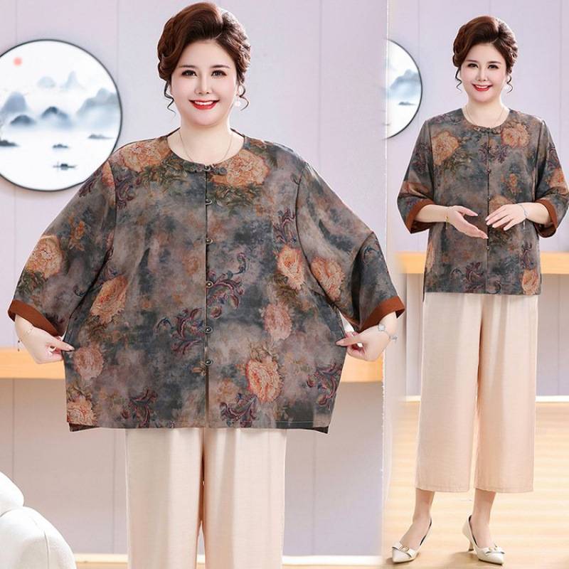 专柜品牌夏季时尚宽松显瘦印花上衣妈妈套装加肥加大新中式奶奶开