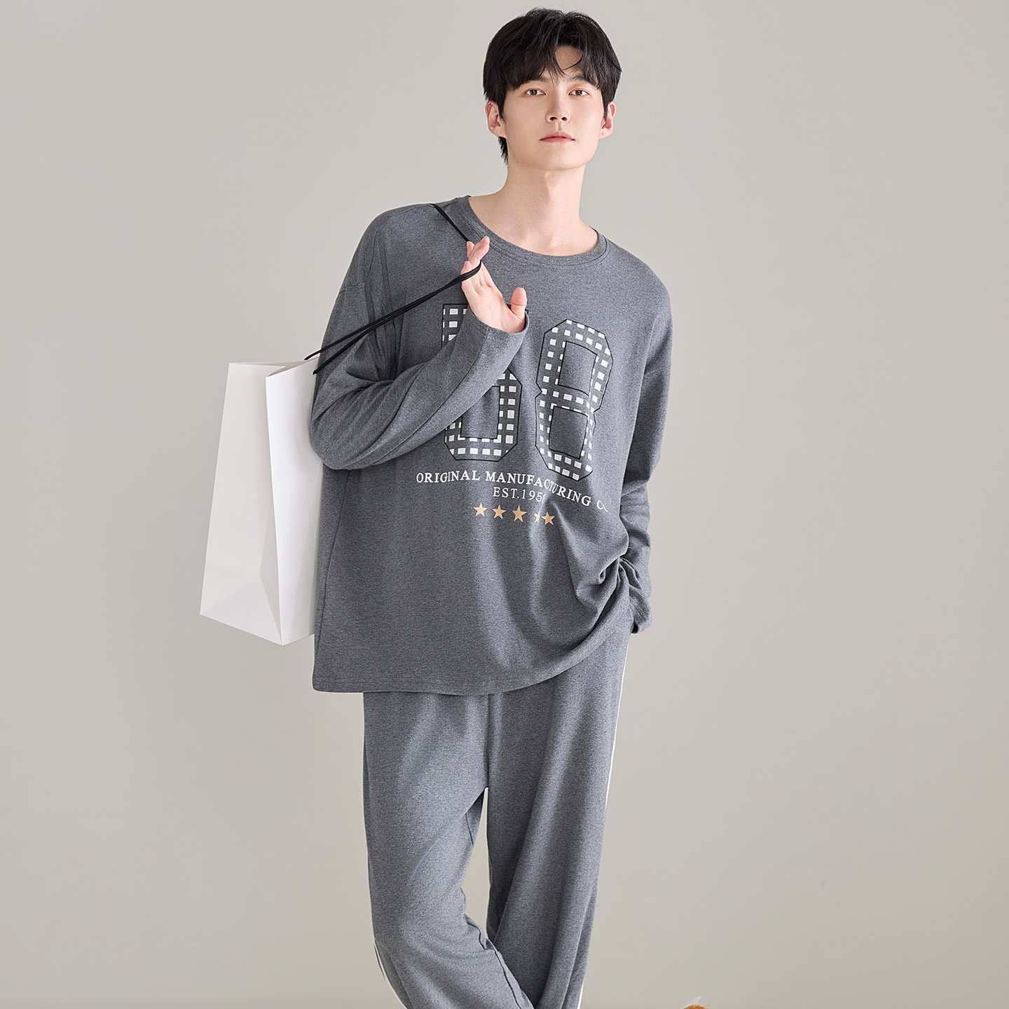 专柜品牌纯棉男士家居服春秋季2026新款运动风打球长袖宽松睡衣套