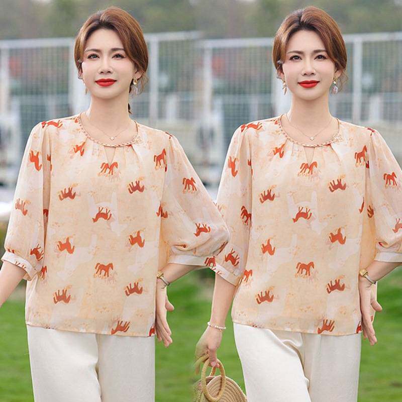 专柜品牌中老年女装夏季时尚雪纺宽松上衣服妈妈夏装洋气薄款中袖