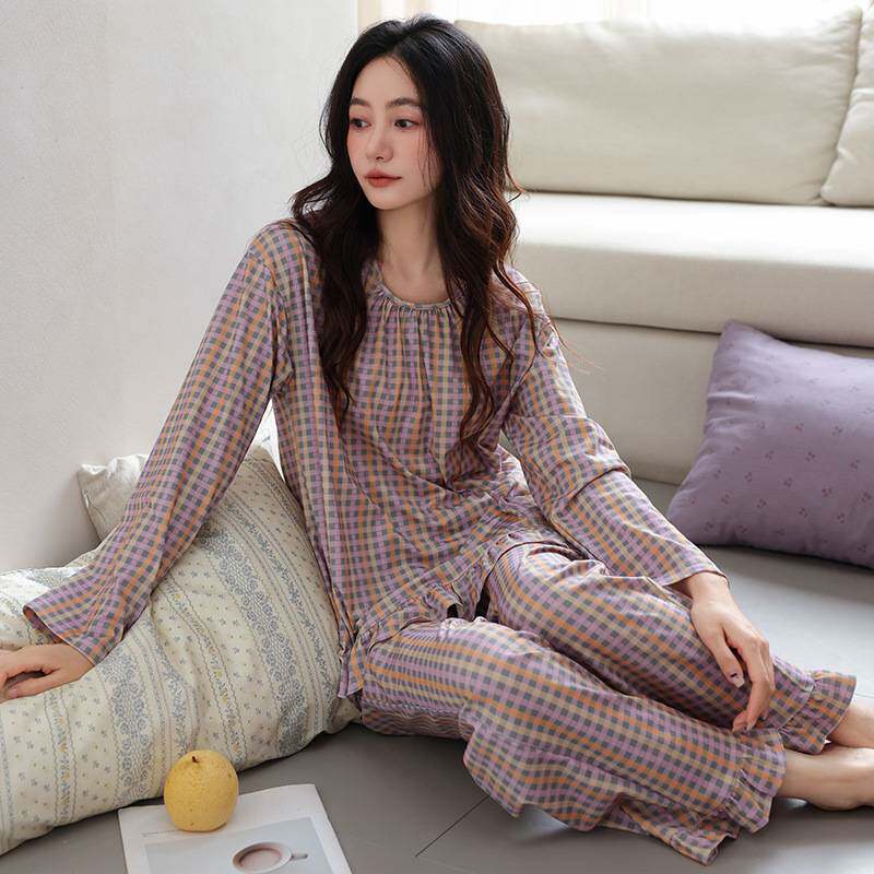 官方品牌2026新款纯棉睡衣女春秋季长袖休闲家居服全棉宽松圆领带