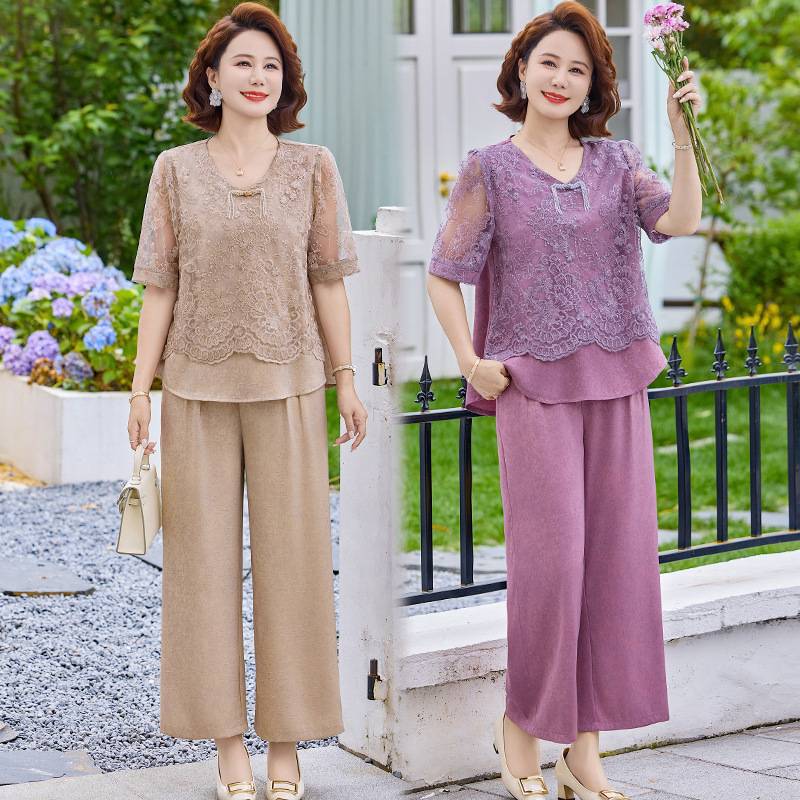 专柜品牌妈妈夏装新中式小衫加肥加大码休闲套装夏季新款上衣阔腿