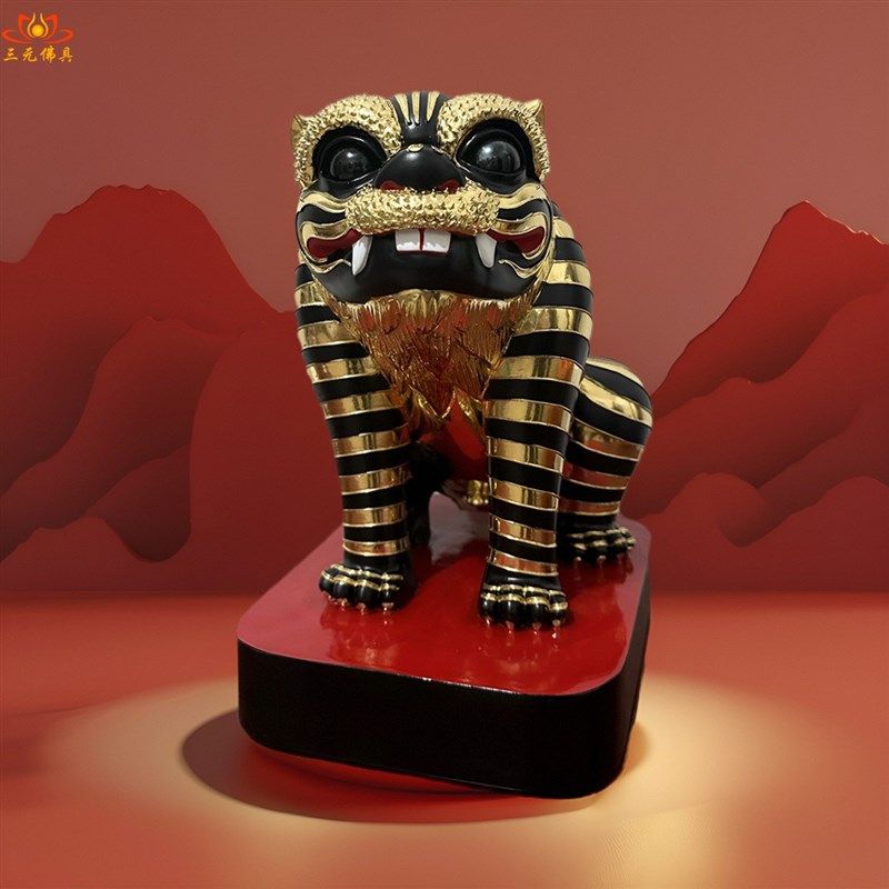 速发香樟木雕刻中虎爷神像金式贴金古彩艺工金虎将军虎爷摆件虎爷