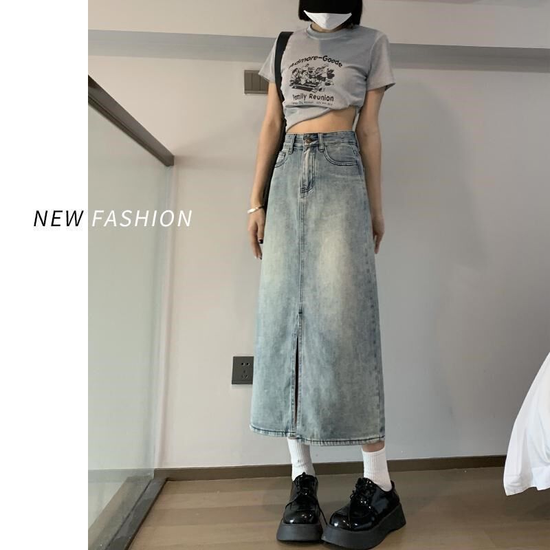 速发开叉牛仔半身裙长季2夏25年新款小个子a字中春款浅色高腰裙0