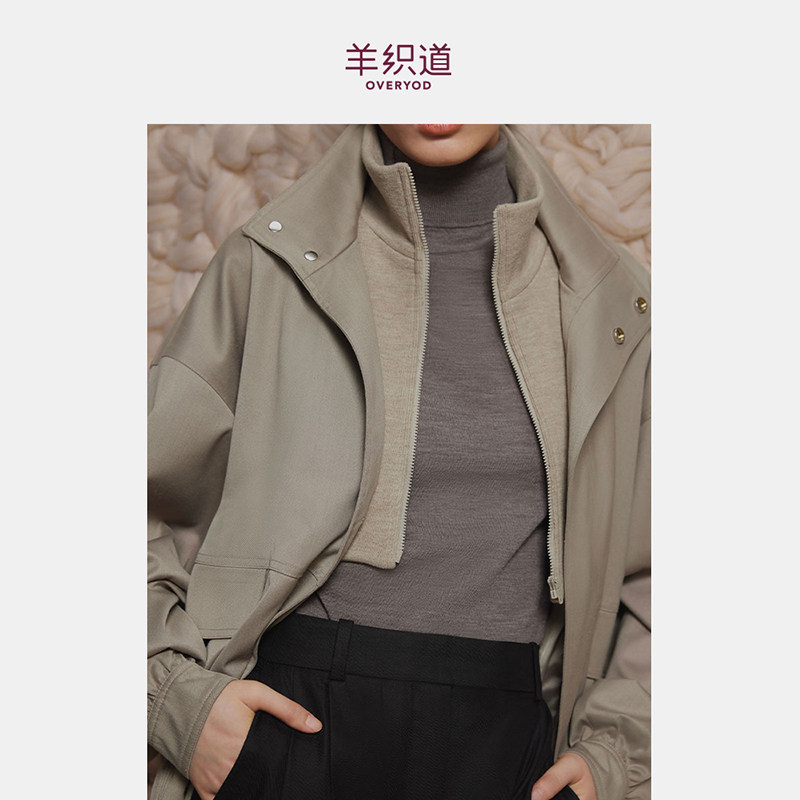 羊织道长袖立领短款风衣外套