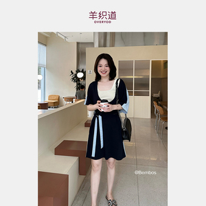 羊织道热那亚 高端连衣裙大U型领针梭前后拼接短袖气质约会中长裙