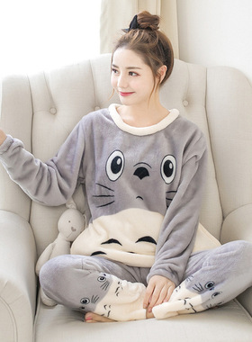 新款冬季女士珊瑚绒套装灰色龙猫图案套头红色龙猫睡衣 厂家直供