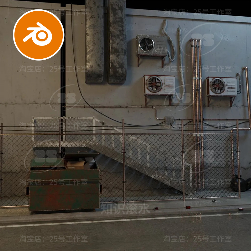blender复古街角后街赛博朋克废墟破旧垃圾桶后巷场景模型2316