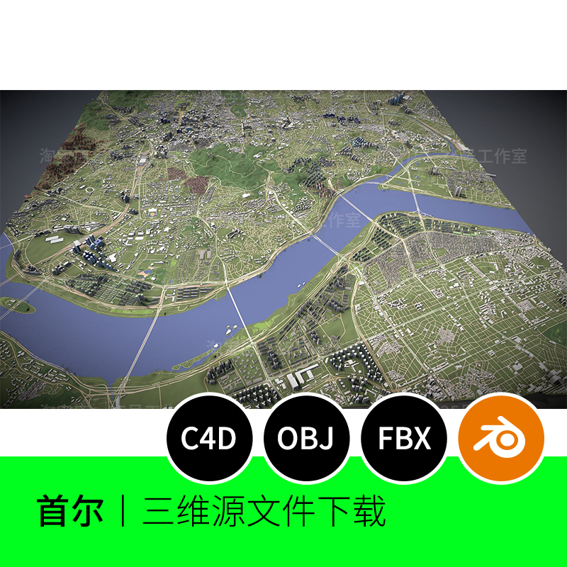 韩国首尔城市地形地势地貌C4D建筑OBJ鸟瞰3D模型blender建模1429