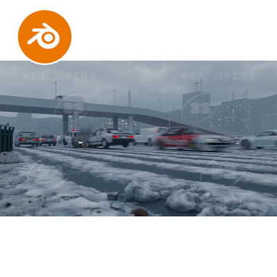 Blender雪地马路冬天大桥车祸两车相撞城市场景模型建模渲染2169