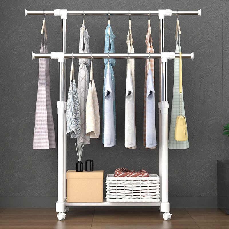 欧润哲晾衣架落地晾衣杆不锈钢双杆轮滑移动伸缩挂衣架室内卧室衣